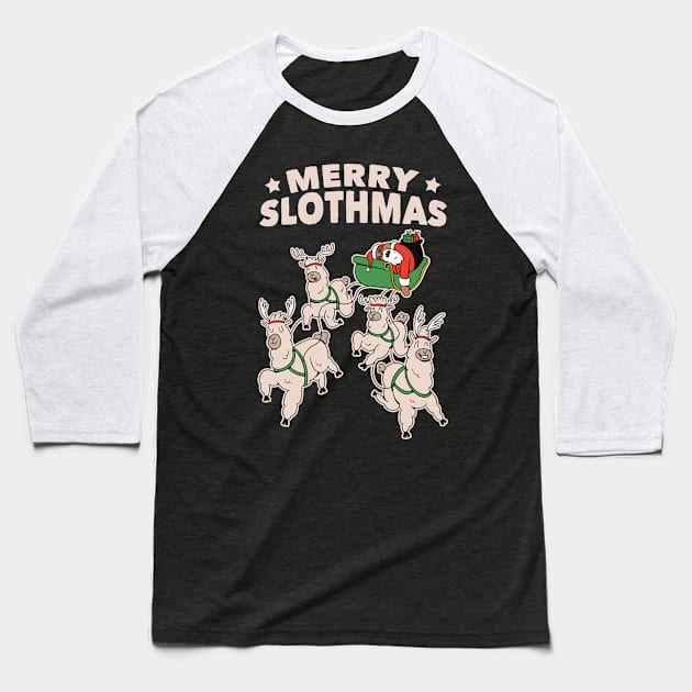 Merry Slothmas Christmas Sloth & Llamas on Santa's Sleigh Baseball T-Shirt by tobzz